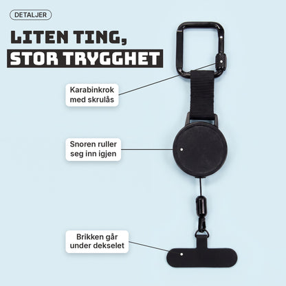 SafeGrip detaljer: karabinkrok, snor og brikke
