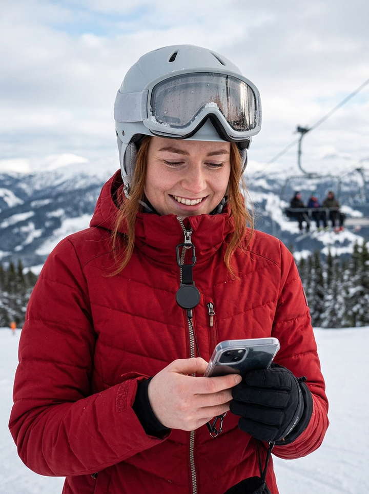 Bruker mobilen med hansker, festet med Naro SafeGrip