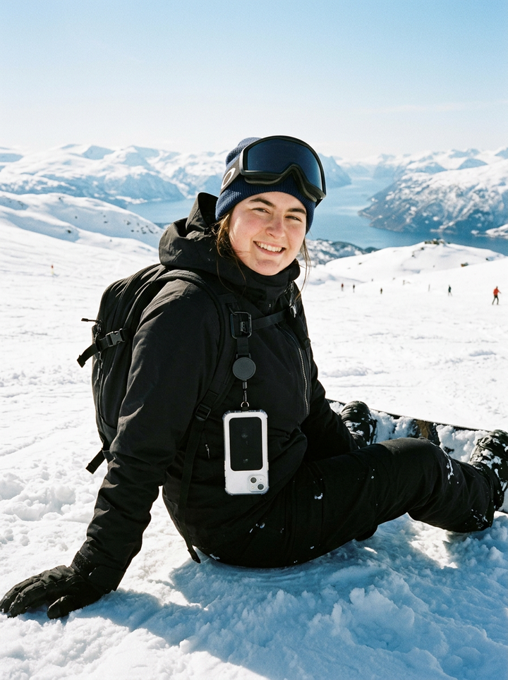 Snowboarder med mobilen hengende fra Naro SafeGrip