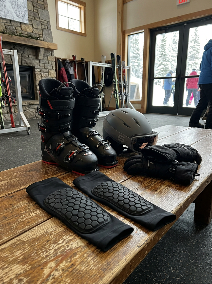 Naro SkiGuard ved siden av skistøvler og hjelm